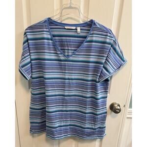 Isaac Mizrahi XL Blue V-neck Striped Tunic Button Back Short Sleeve Rolled Cuff